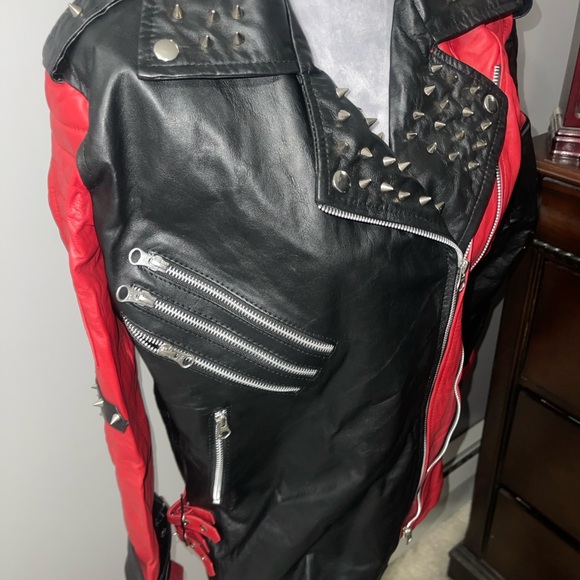Studded Red and Black Faux Leather Moto Jacket - Picture 3 of 8
